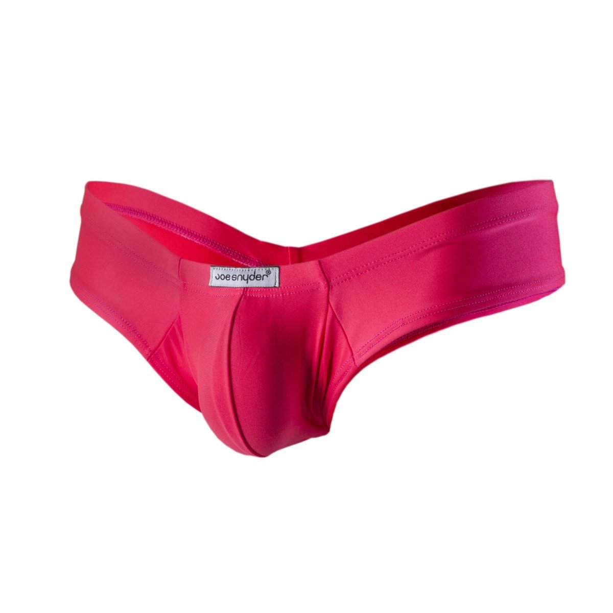 Vibrant pink joe snyder polyester mini cheek men’s briefs with smooth stretchy fabric and sleek contoured design