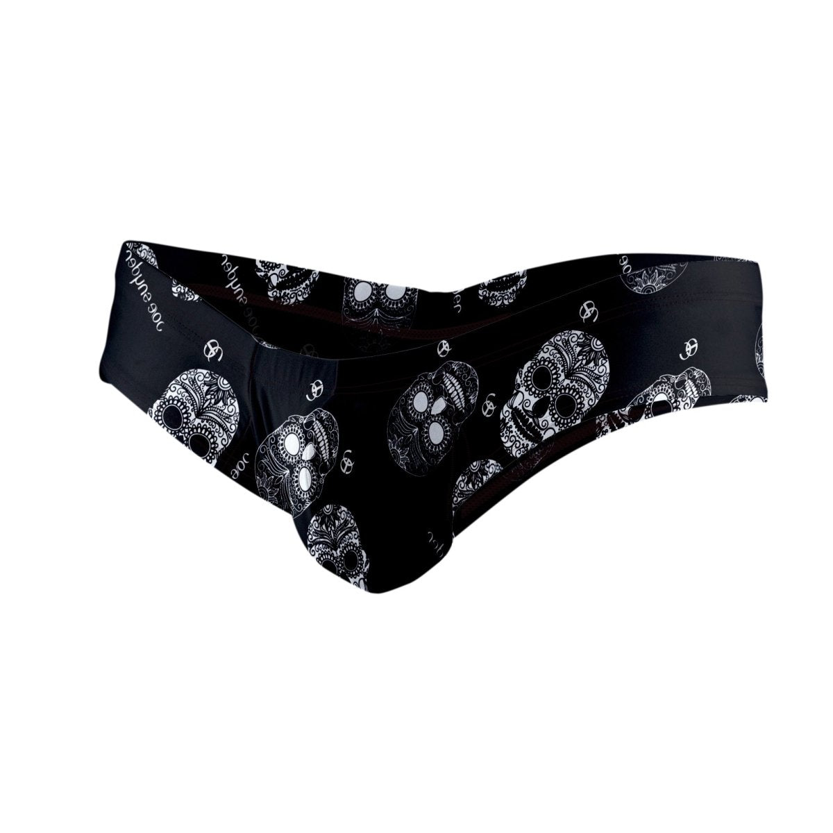 Black Joe Snyder polyester mini cheek swim trunks with bold white sugar skull pattern front view