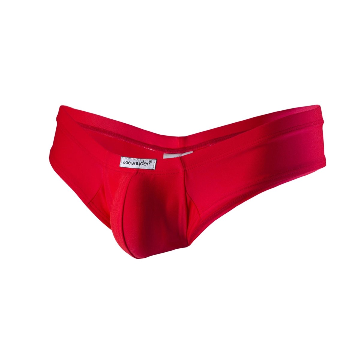 Bright red form-fitting men’s polyester briefs by joe snyder mini cheek style for a bold comfortable fit