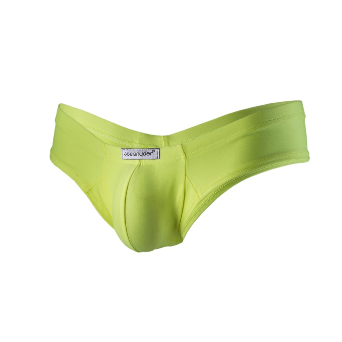 Bright lime green joe snyder polyester mini cheek men’s briefs with smooth stretchy fabric and contoured design