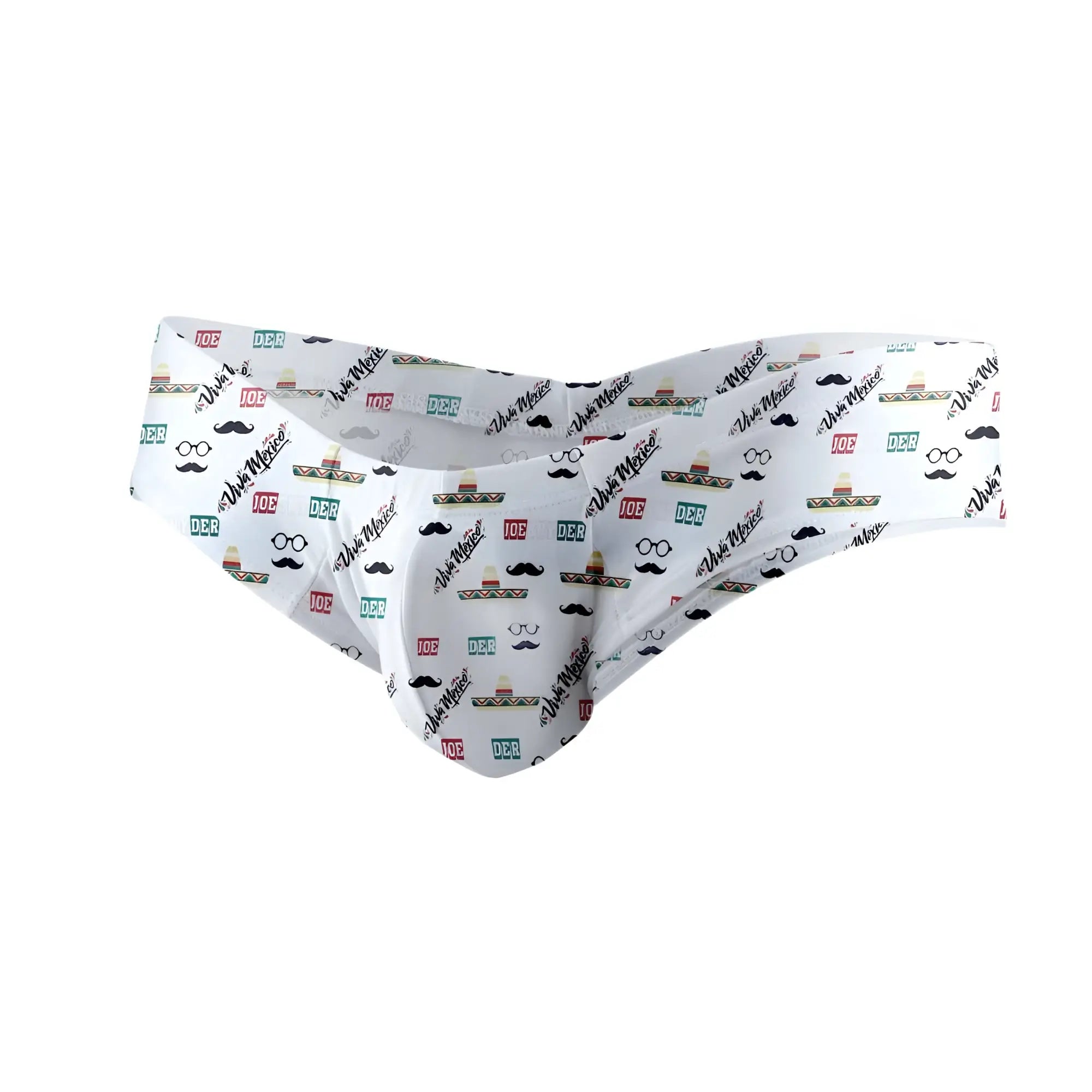 White men’s polyester mini cheek briefs by joe snyder with playful sombrero, mustache, and glasses pattern in black, green, red, and gray