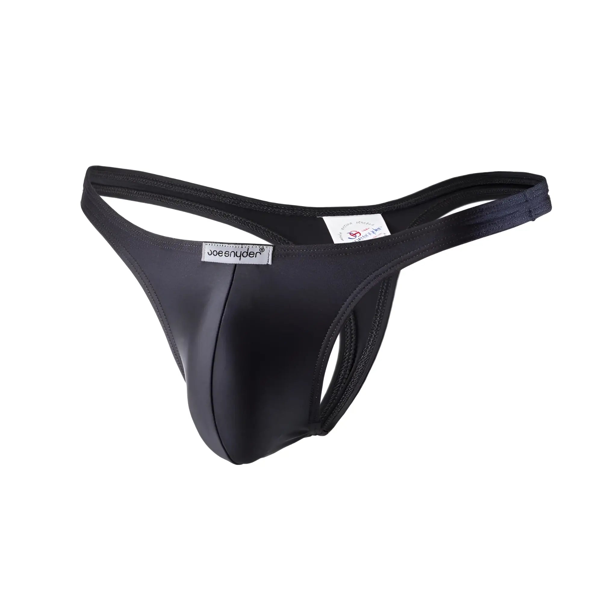 Black joe snyder polyester thong made of smooth stretchy fabric with sleek form-fitting design shown from back side