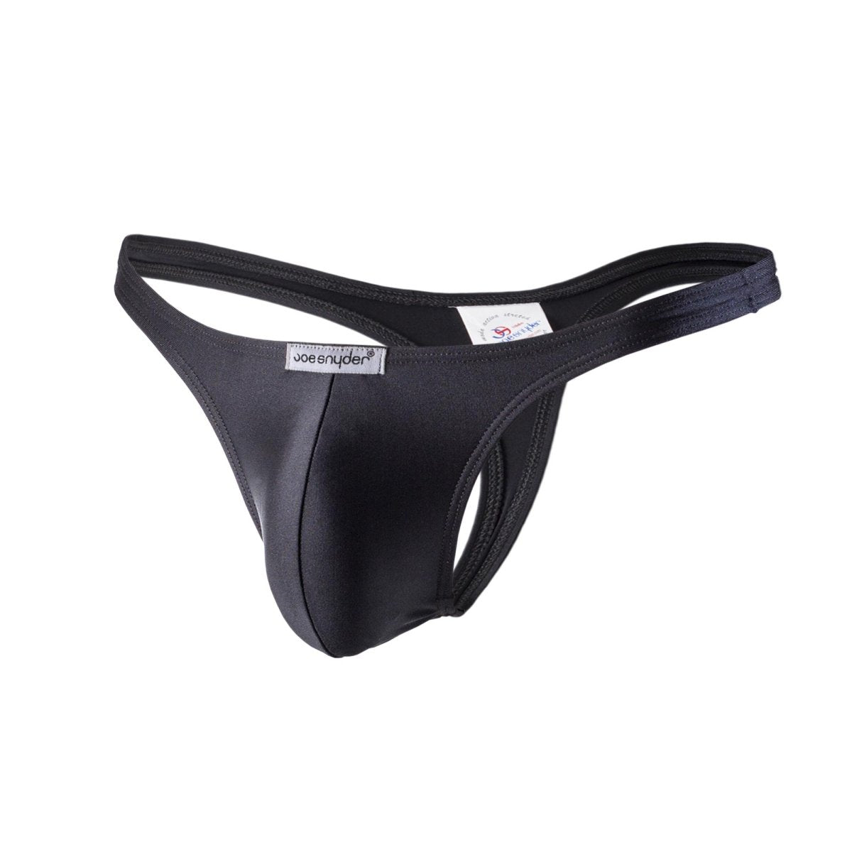 Black joe snyder polyester thong made of smooth stretchy fabric with a sleek form-fitting design shown from the back