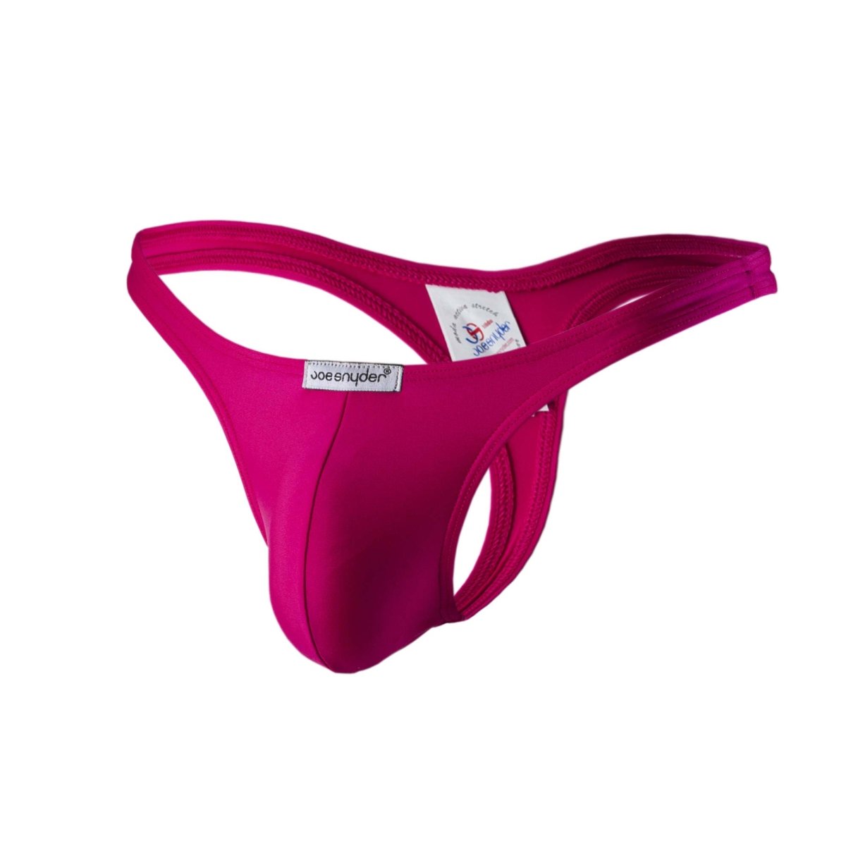 Bright fuchsia joe snyder polyester thong made of smooth stretchy fabric with a sleek form-fitting design