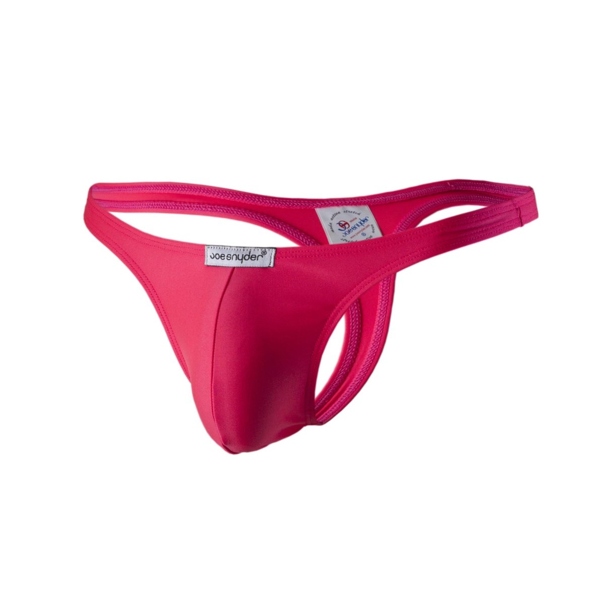 Bright pink Joe Snyder polyester thong made of smooth stretchy fabric with a sleek form-fitting design