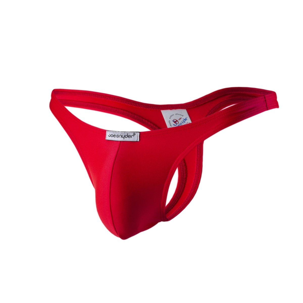Bright red joe snyder polyester thong made of smooth elastic fabric with branded label shown from the back side
