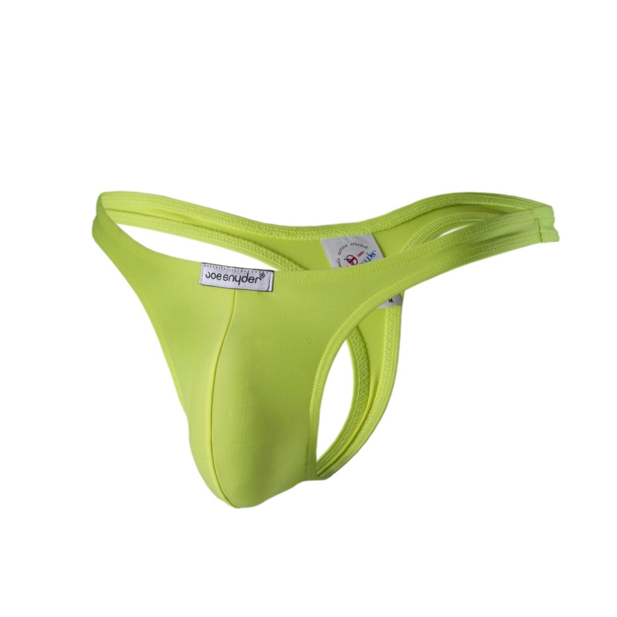 Bright lime green joe snyder polyester thong made of smooth stretchy fabric with a sleek form fitting design back view