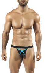 Joe Snyder Pride Frame jock strap peekaboo in black and turquoise with x-shaped design front for underwear and swimwear