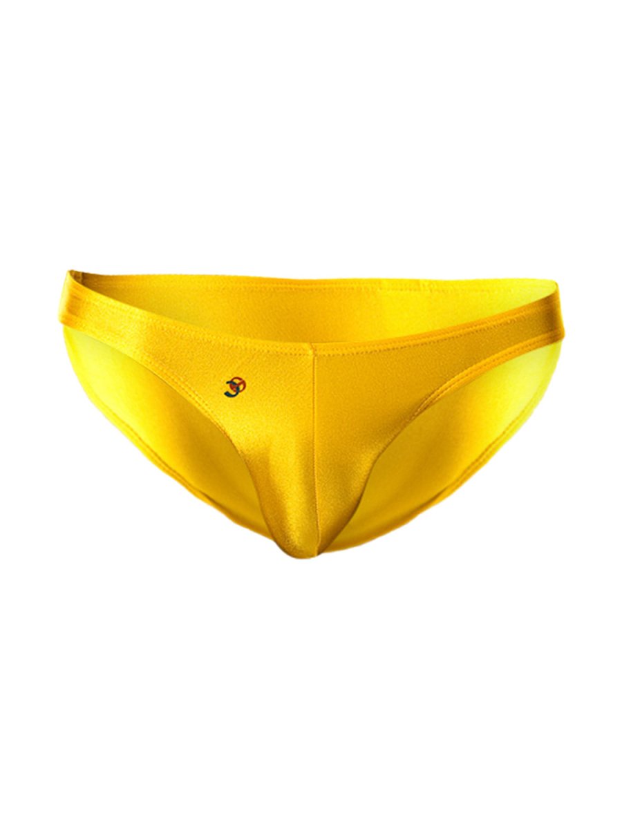 Bright yellow satin joe snyder print bikini classic briefs with a subtle logo on the front