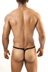Black joe snyder rio thong mesh showing back side with small metallic logo on black mesh fabric
