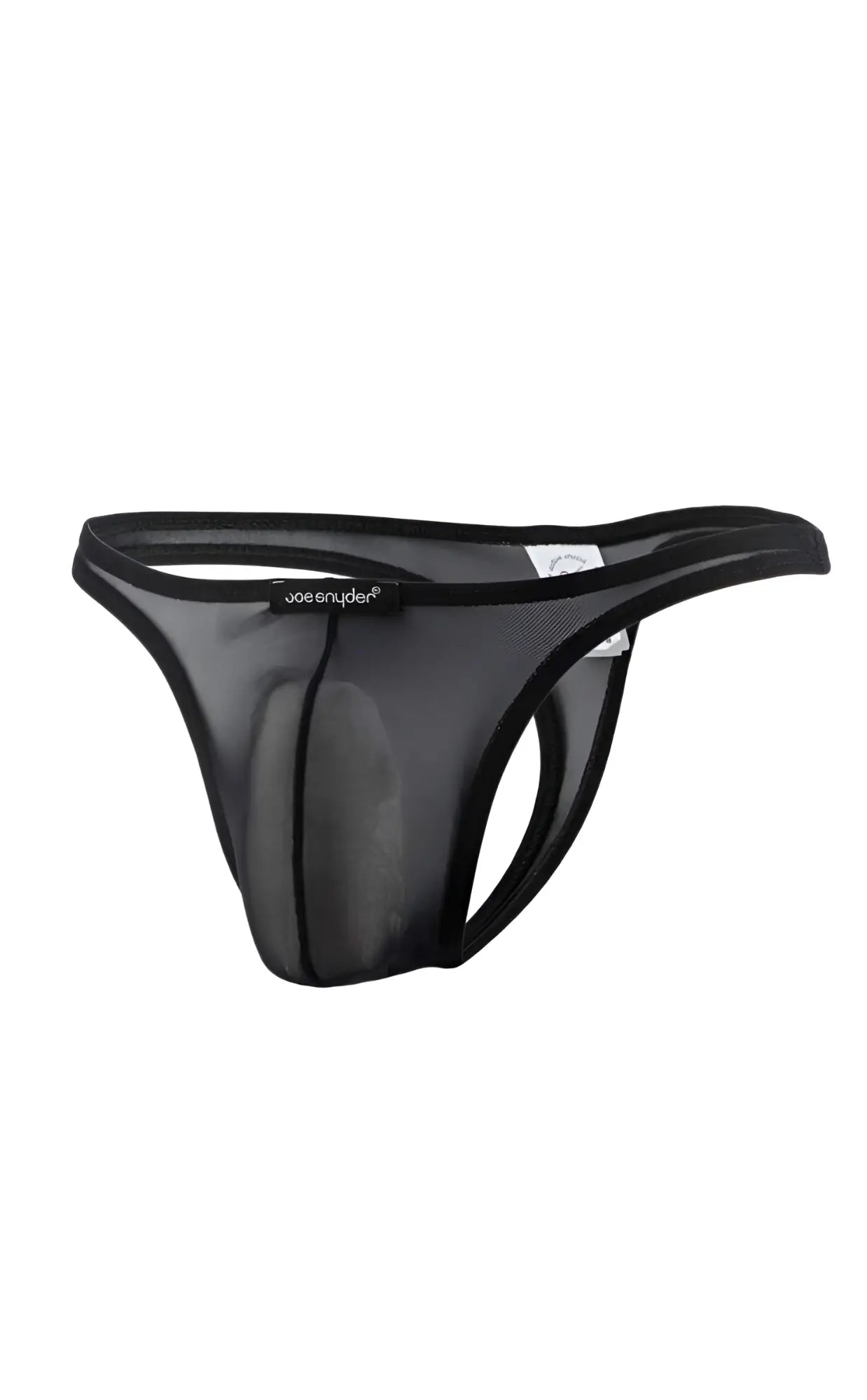 Black mesh Joe Snyder thong with solid black waistband and brand name printed on the front