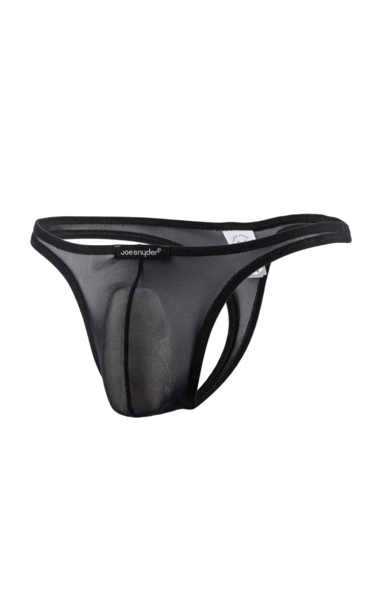 Black mesh thong with solid black waistband featuring joe snyder brand name for comfortable everyday wear