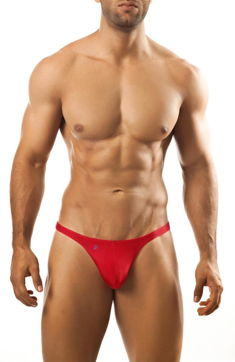 Joe snyder thong in red with a small blue logo on the front made of soft stretchy fabric