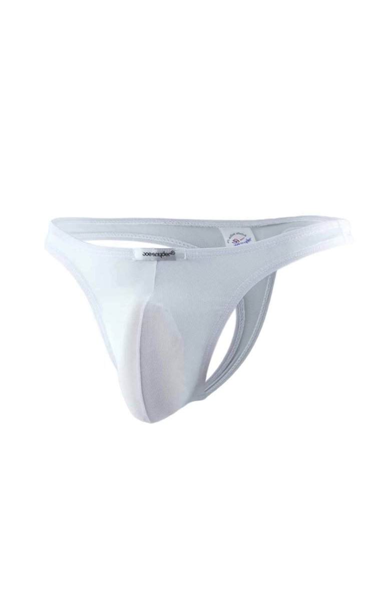 White seamless thong style men’s underwear with supportive design and visible Joe Snyder brand tag on waistband