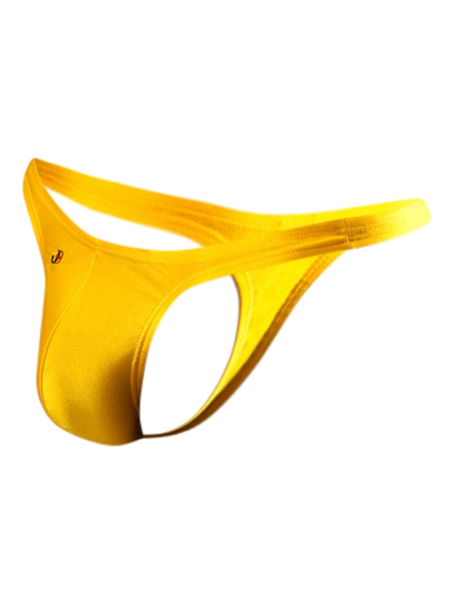 Bright yellow shiny satin Joe Snyder thong with a sleek minimalist design and small logo on the side