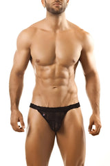 Black lace thong with subtle pattern and small logo on waistband by Joe Snyder in a front view