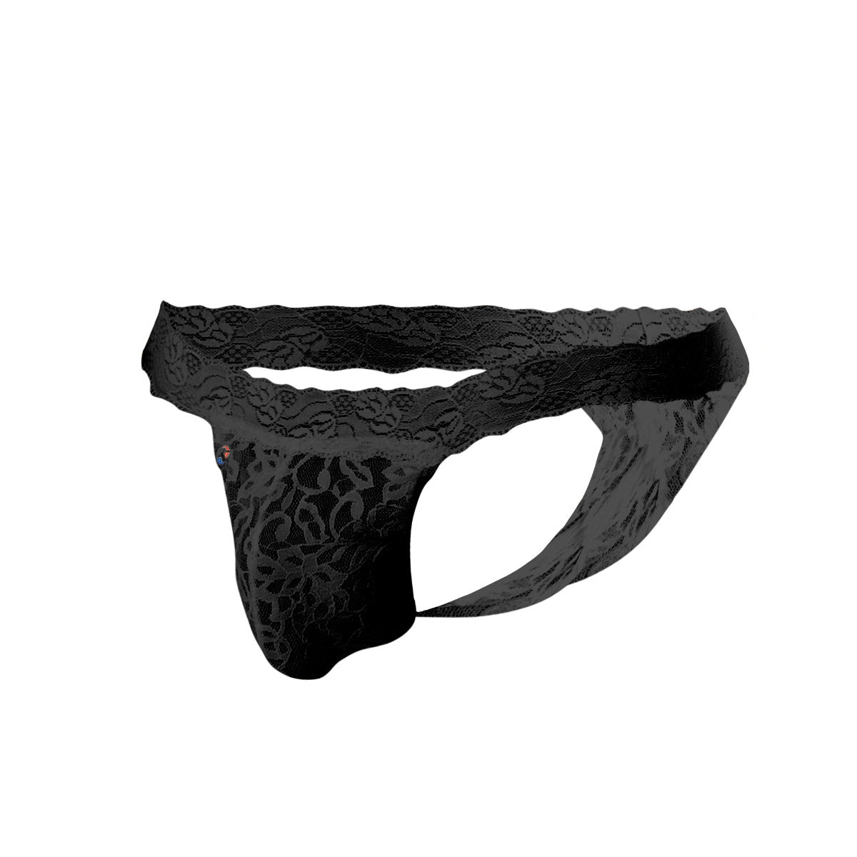 Black lace thong joe snyder jsl03 with intricate floral patterns and scalloped waistband shown from the back side