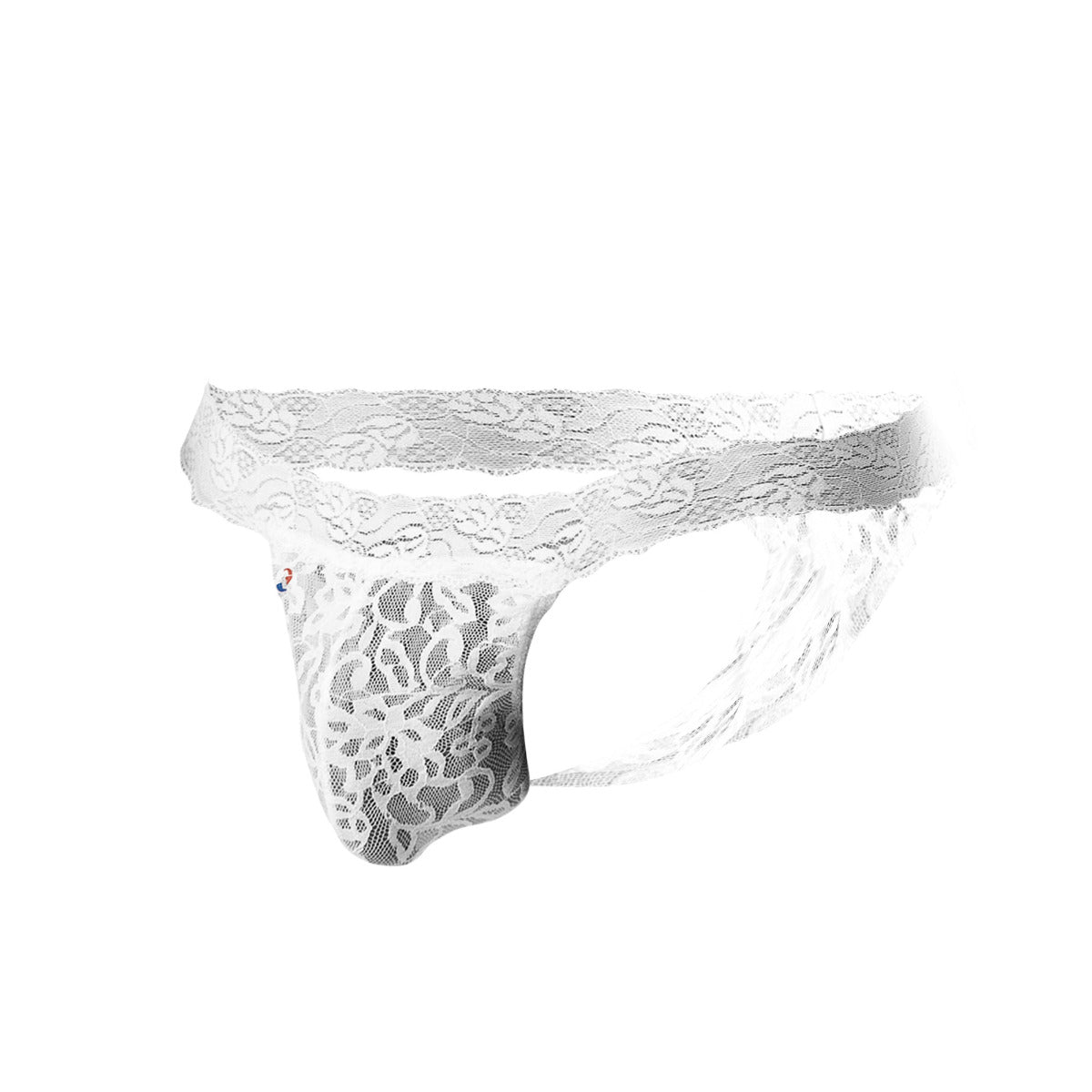 White lace thong joe snyder jsl03 featuring intricate floral patterns and sheer mesh texture front view