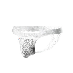 White lace thong joe snyder jsl03 with intricate floral patterns and sheer mesh texture showing front side