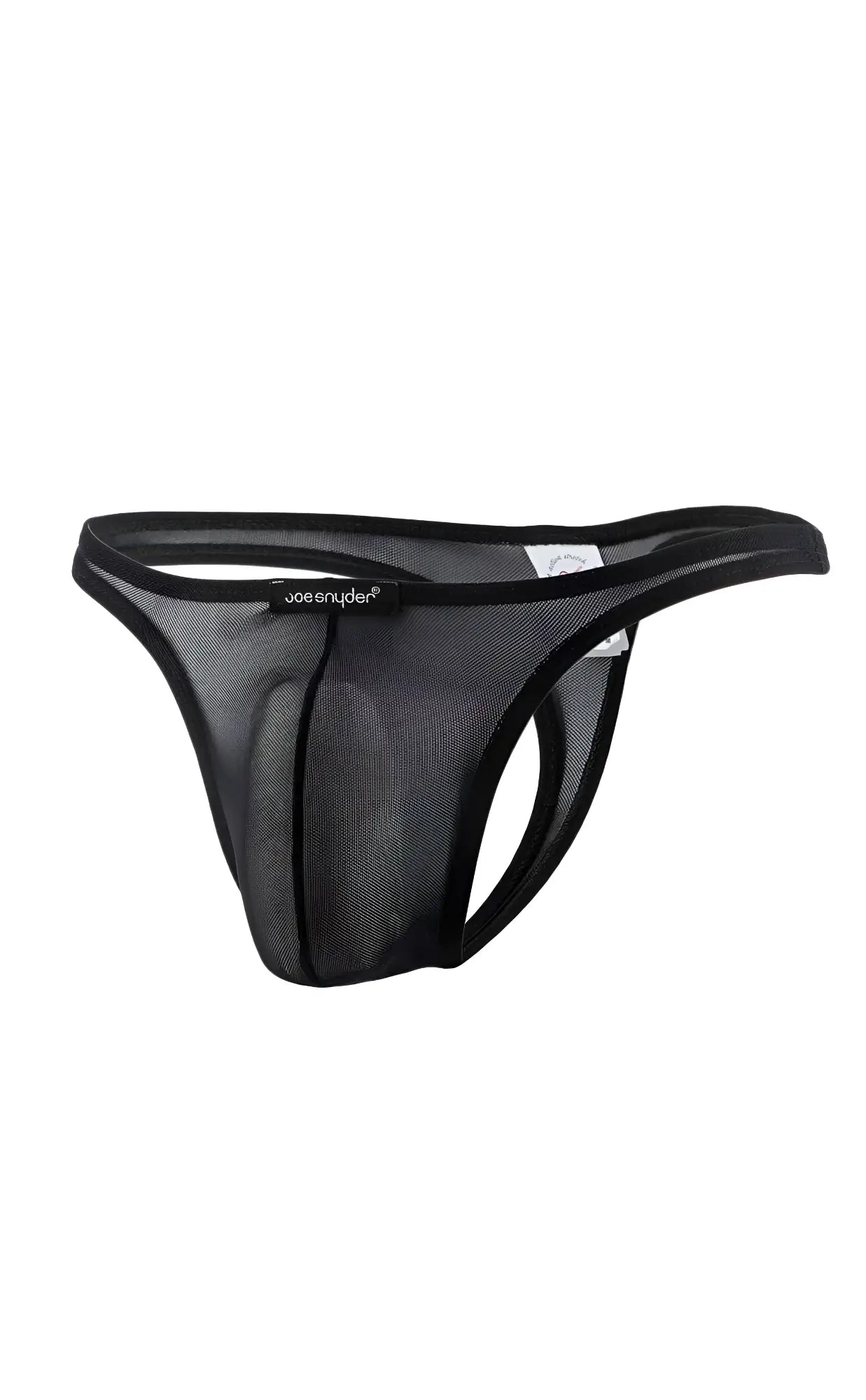 Black mesh thong with solid black elastic waistband and trim by Joe Snyder shown from the back side