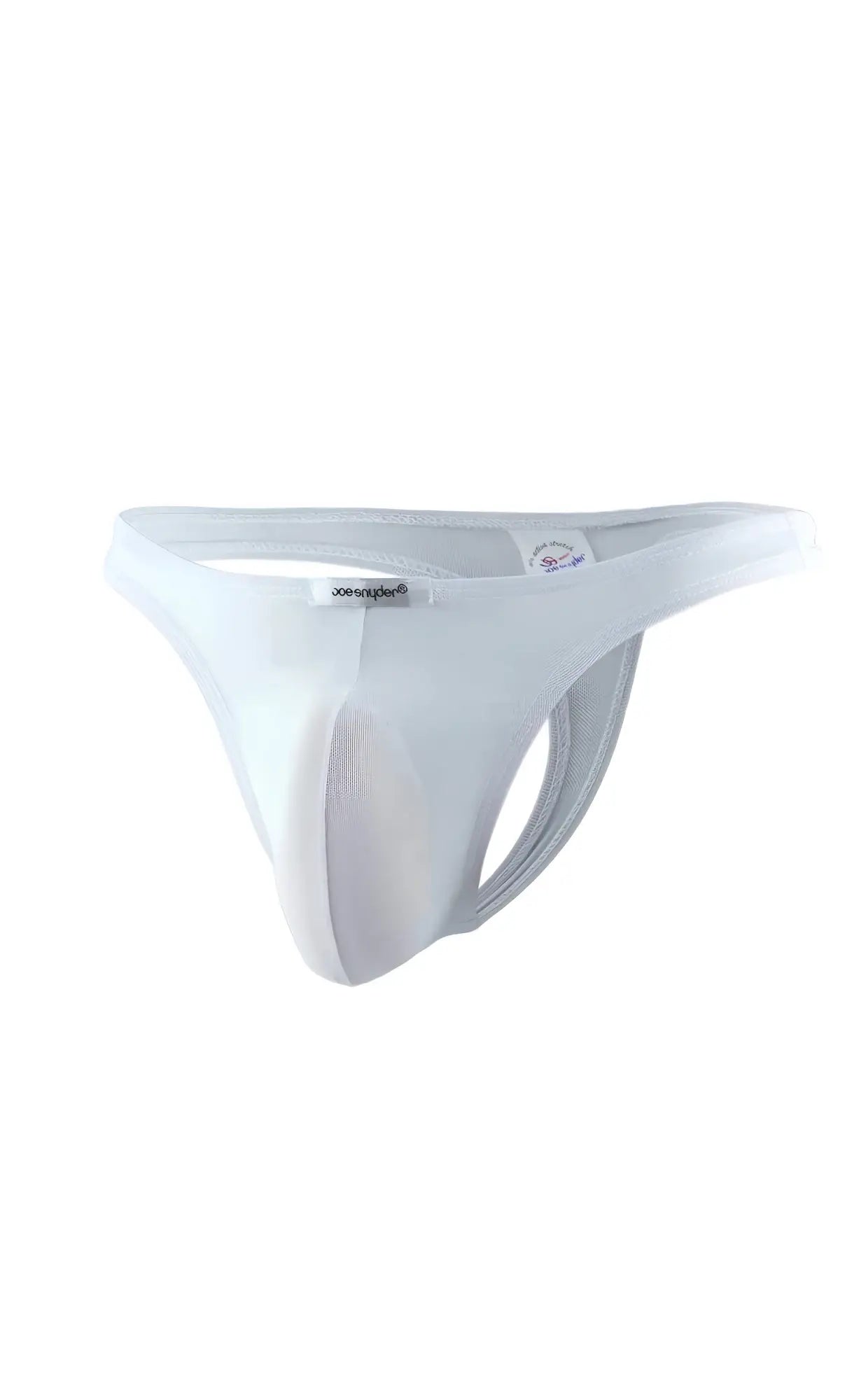 White joe snyder thong mesh with smooth texture supportive design and subtle branding on waistband