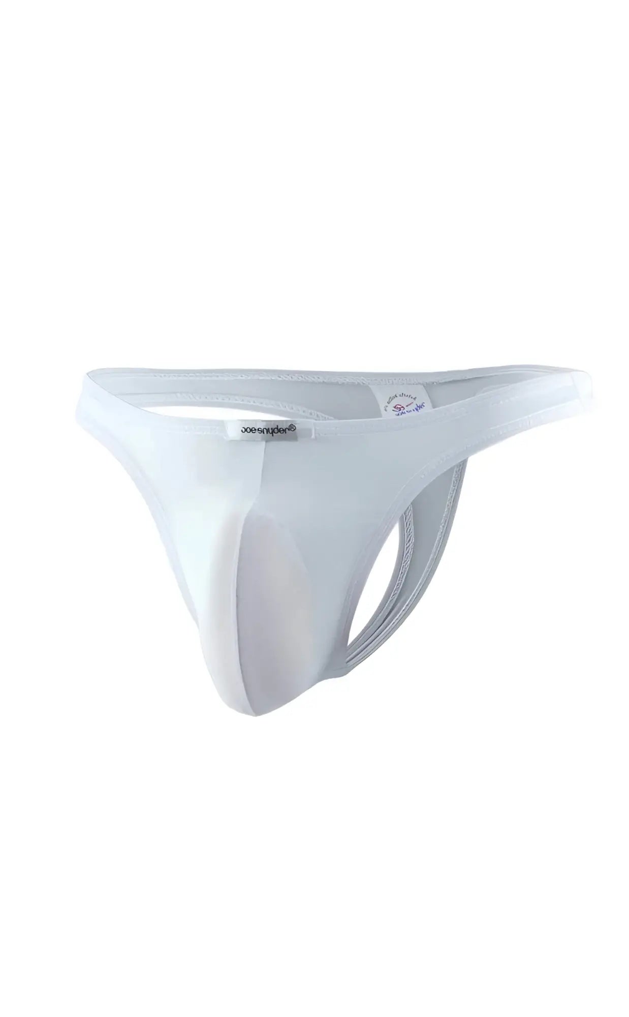White seamless thong-style men’s underwear with supportive design and Joe Snyder brand tag on waistband