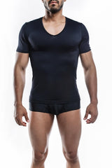 Black joe snyder v neck athletic shirt with short sleeves made of stretchy fabric for active wear