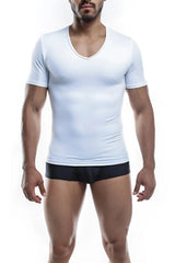 White v neck short sleeved athletic shirt by Joe Snyder made of breathable fabric for active wear