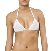 White triangle bikini top with thin straps and a small logo on the left side by joe snyder women corfu top