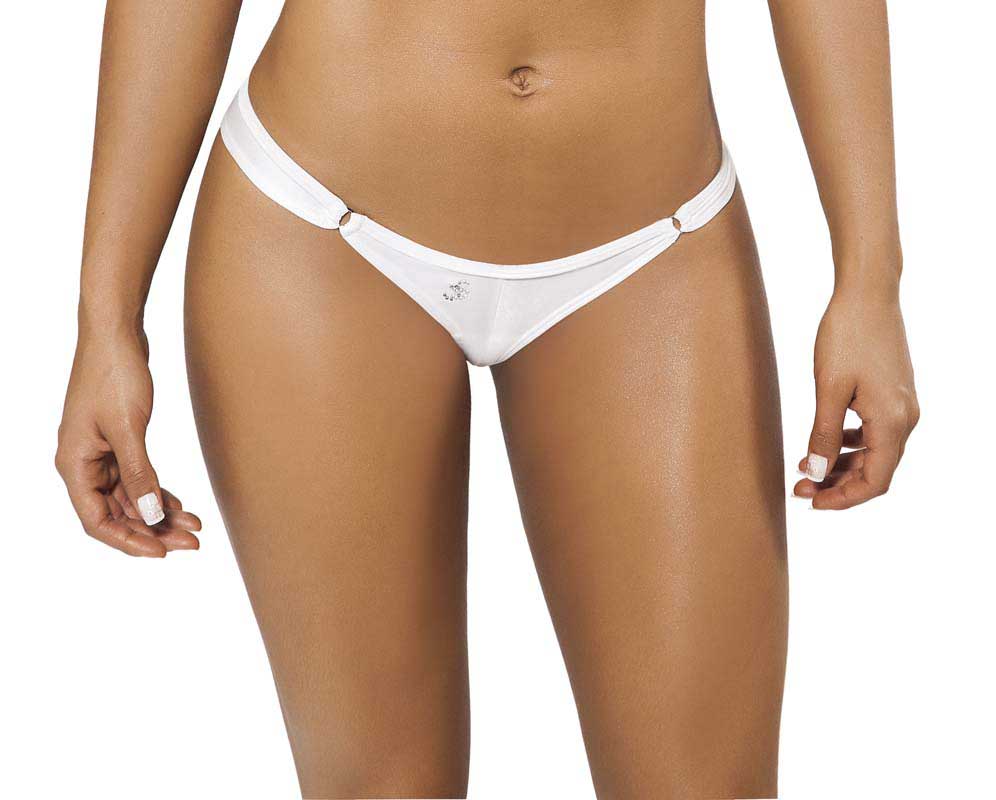 White thong bikini bottom by Joe Snyder women Crete Tanga featuring a small decorative emblem on the front