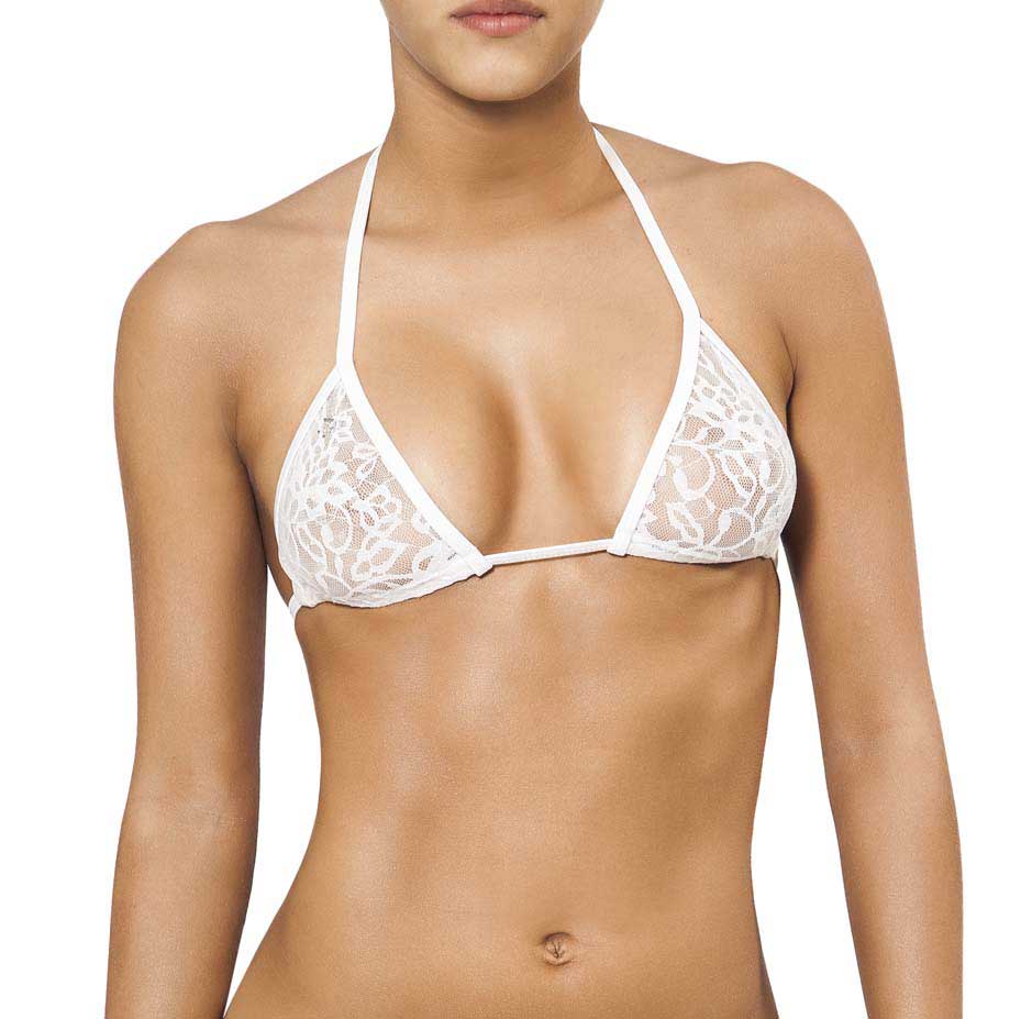 White lace triangle bikini top with delicate floral patterns and adjustable straps joe snyder women lefkada top