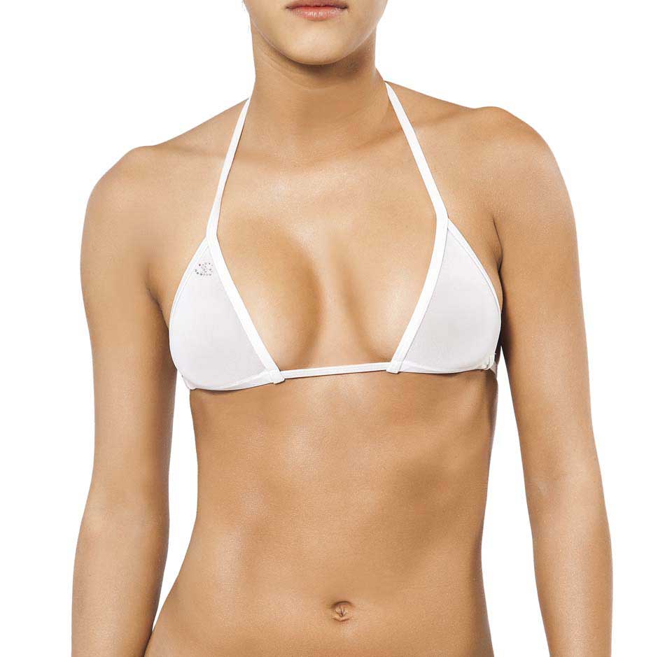 White triangle bikini top with thin straps and small logo on left side by joe snyder women lefkada top
