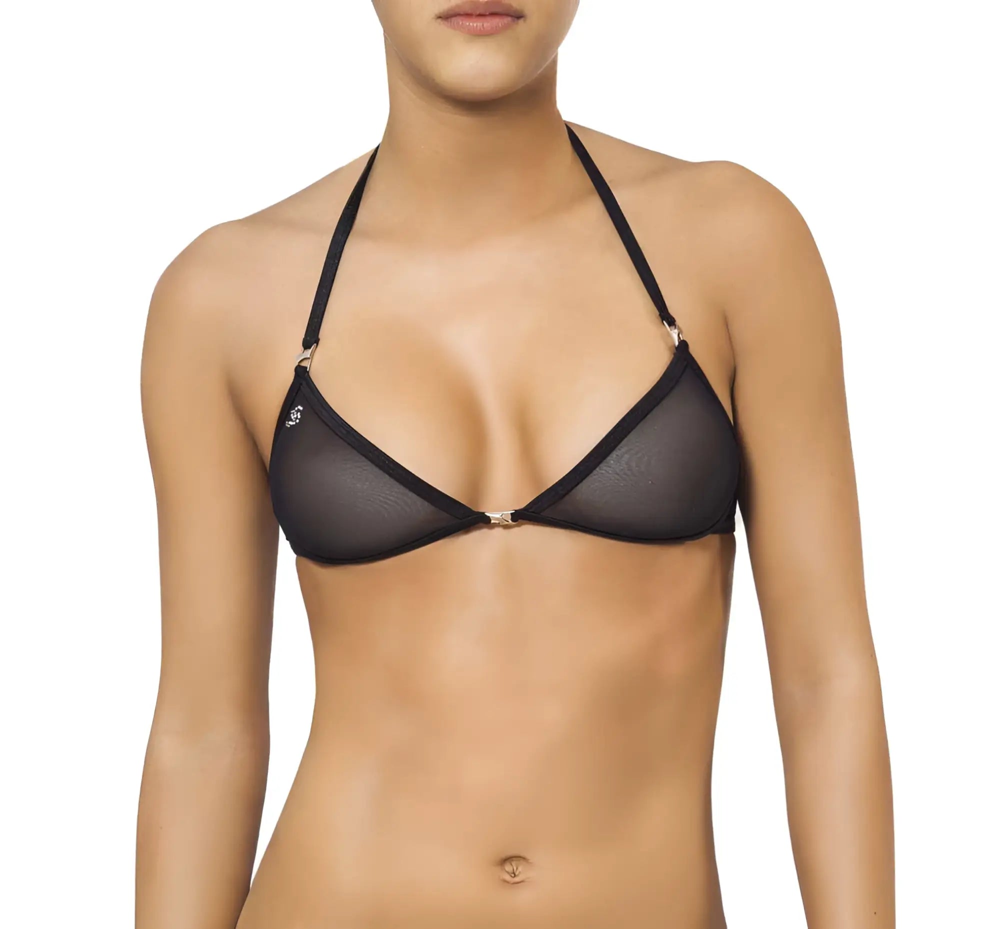 Joe Snyder women Lemnos top black mesh triangle bikini top with thin straps and metallic hardware accents