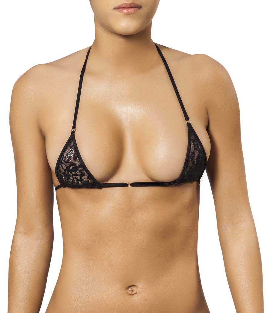 Black lace triangle bikini top with delicate floral patterns and thin straps from Joe Snyder women Mykonos top collection