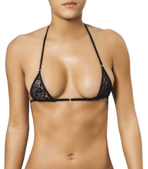 Black lace triangle bikini top with delicate floral patterns and thin straps from Joe Snyder women Mykonos top collection