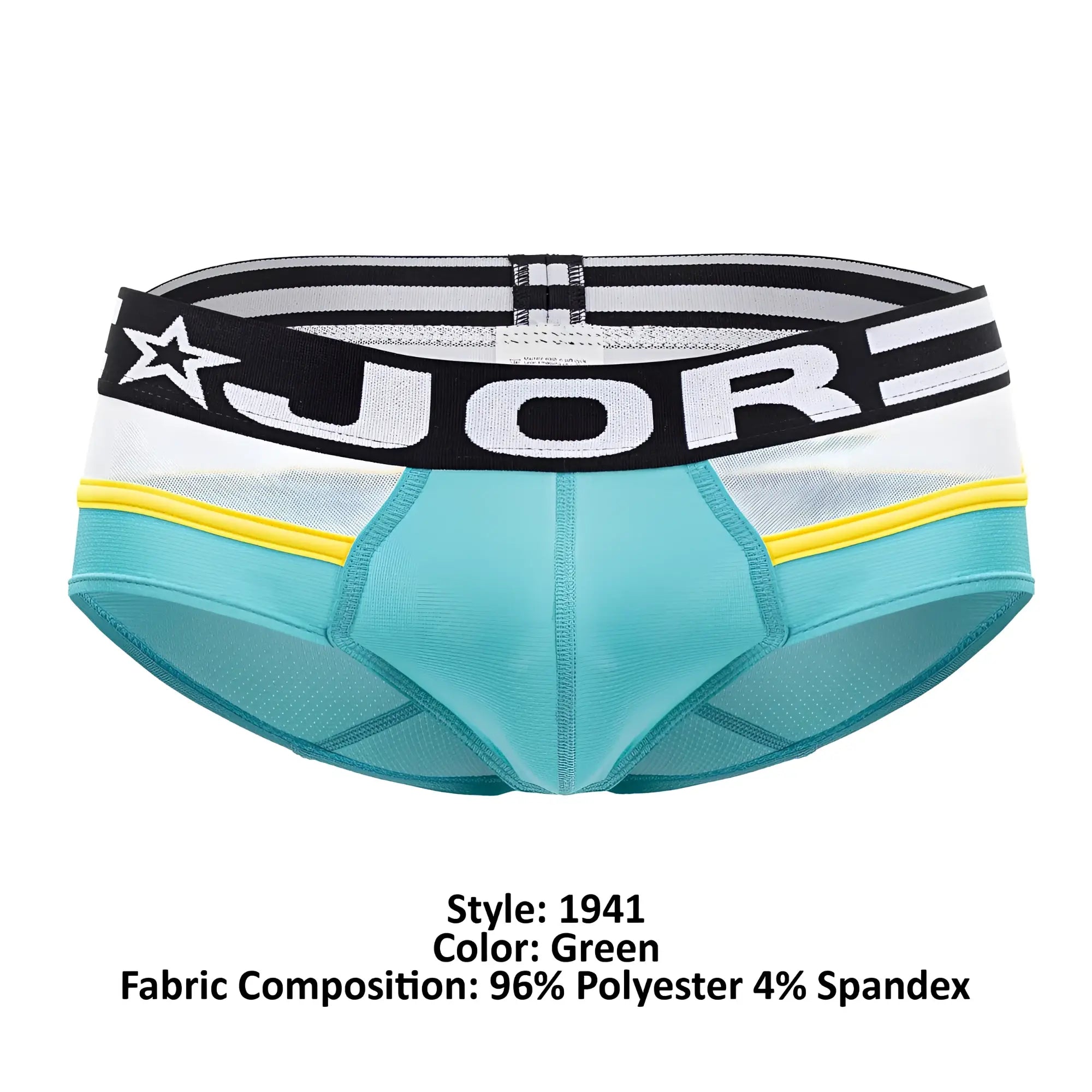 Teal-green jor 1941 athletic briefs with a black and white striped waistband featuring the jor logo