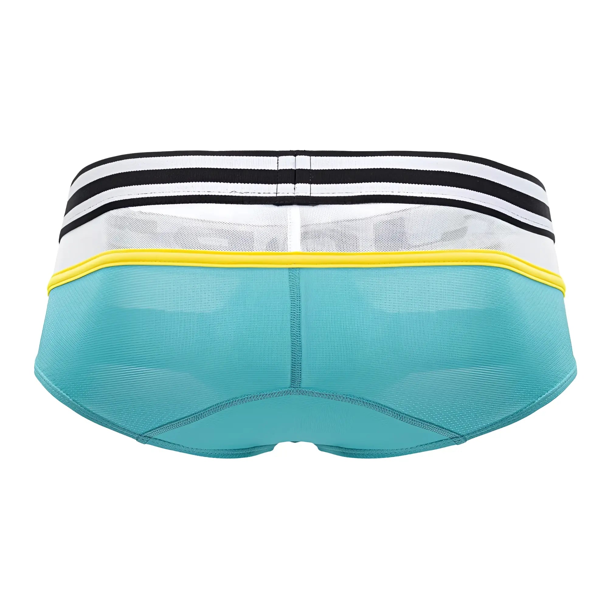 Teal mesh jor 1941 athletic briefs with white waistband black stripes and yellow trim for sporty comfort