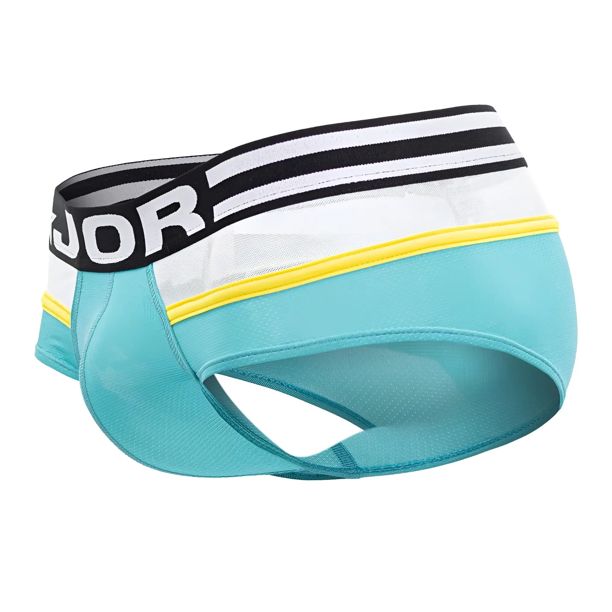 Teal and white jor 1941 athletic briefs with black stripes yellow trim and branded waistband for active use