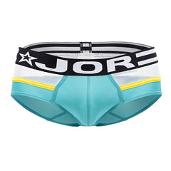 Teal and white jor 1941 athletic briefs with black yellow gray striped waistband and star logo in green color