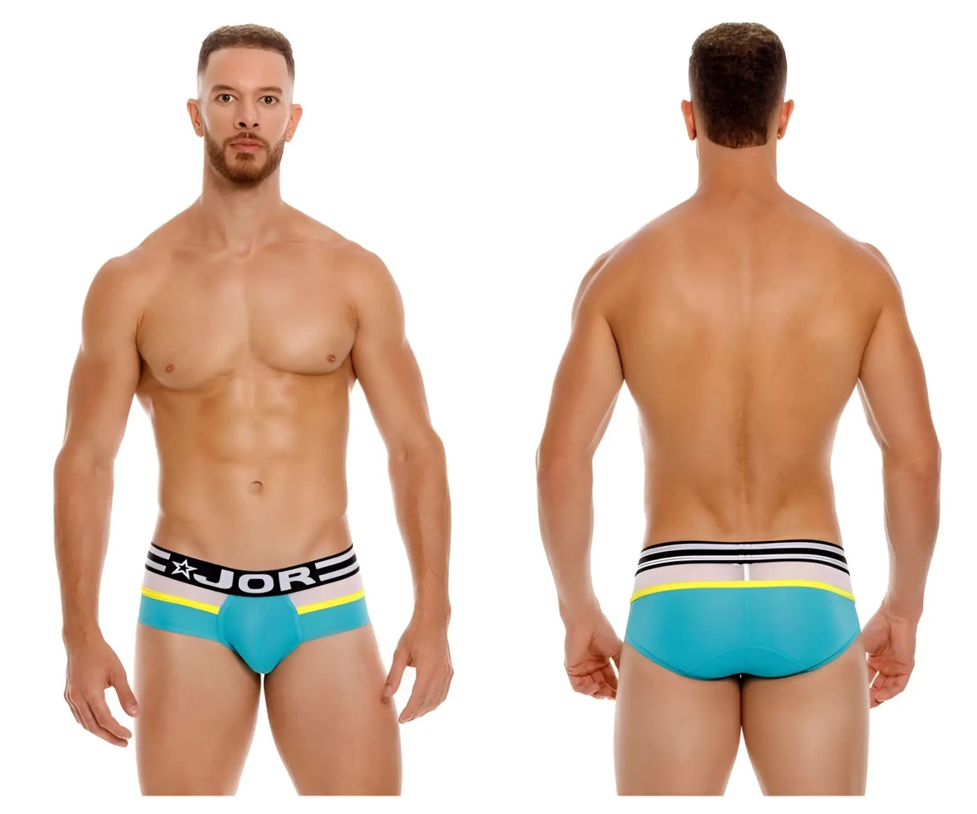 Turquoise jor 1941 athletic briefs with black white and neon yellow striped waistband in green swim trunks design