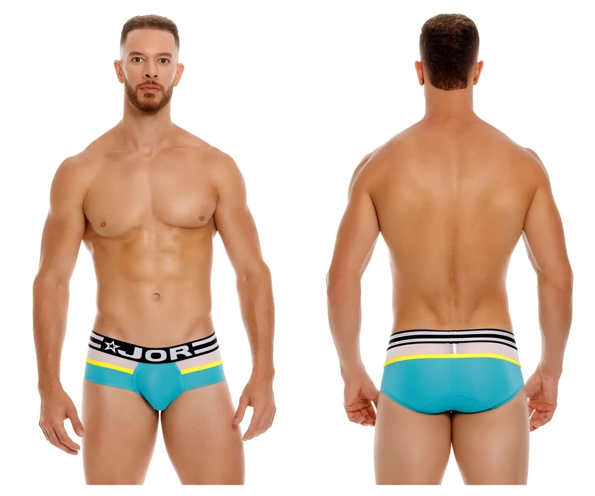 Turquoise jor 1941 athletic briefs with black white and neon yellow striped waistband in green swim trunks design