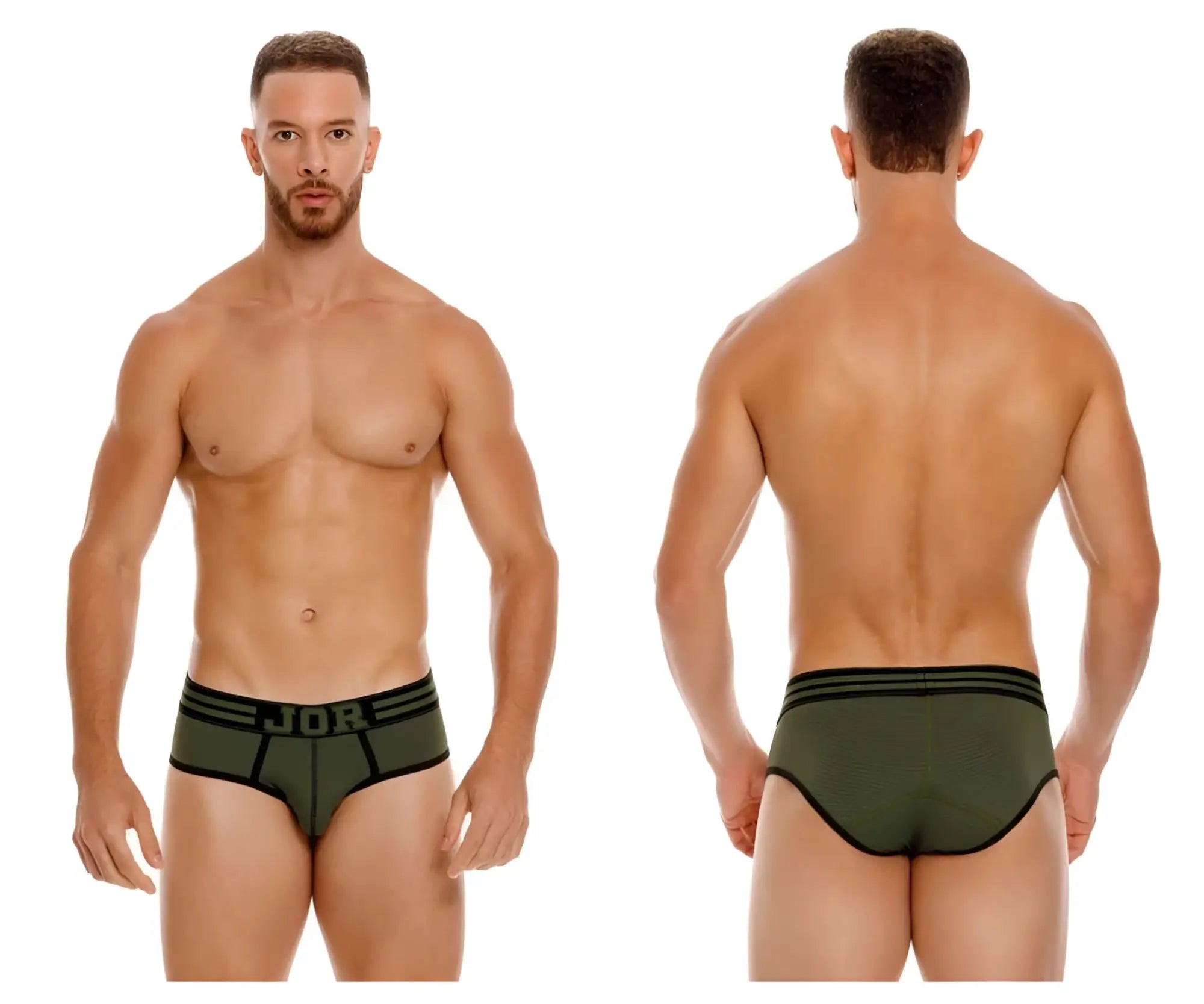 Olive green jor 1944 college briefs with black trim and j08 logo on waistband made from soft breathable fabric