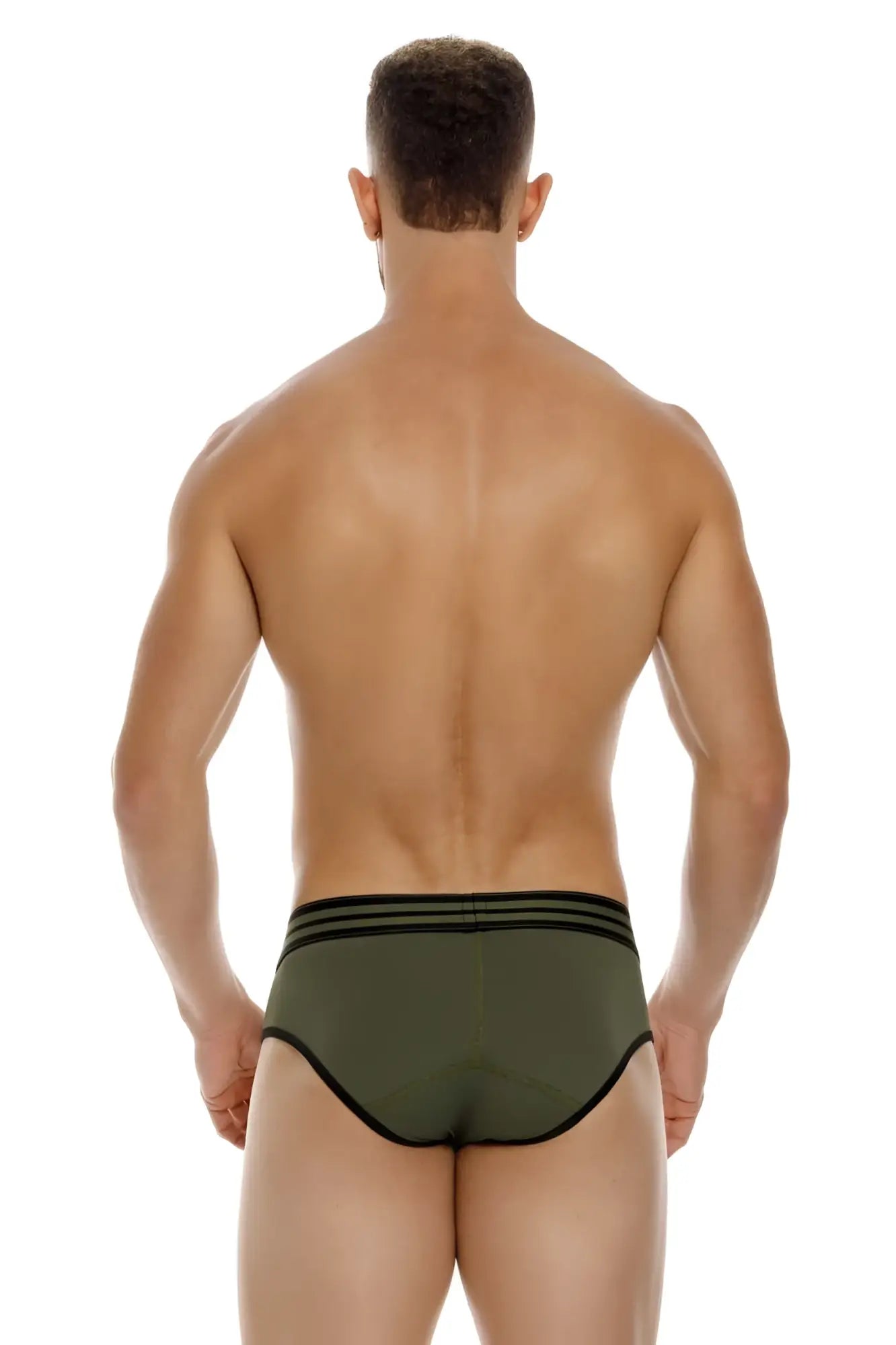 Olive green jor 1944 college briefs with black trim and three horizontal stripes across the waistband