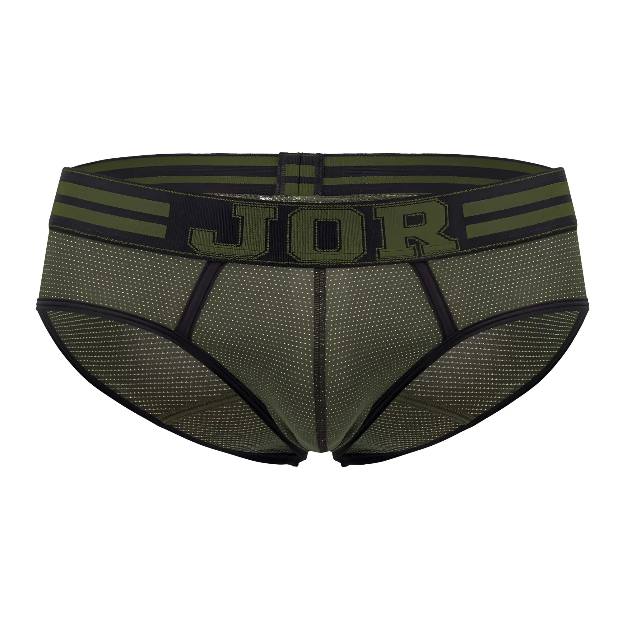 Jor 1944 college briefs in olive green mesh with black trim and bold jor logo on the waistband