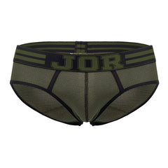 Jor 1944 college briefs in olive green mesh with black trim and bold jor logo on the waistband