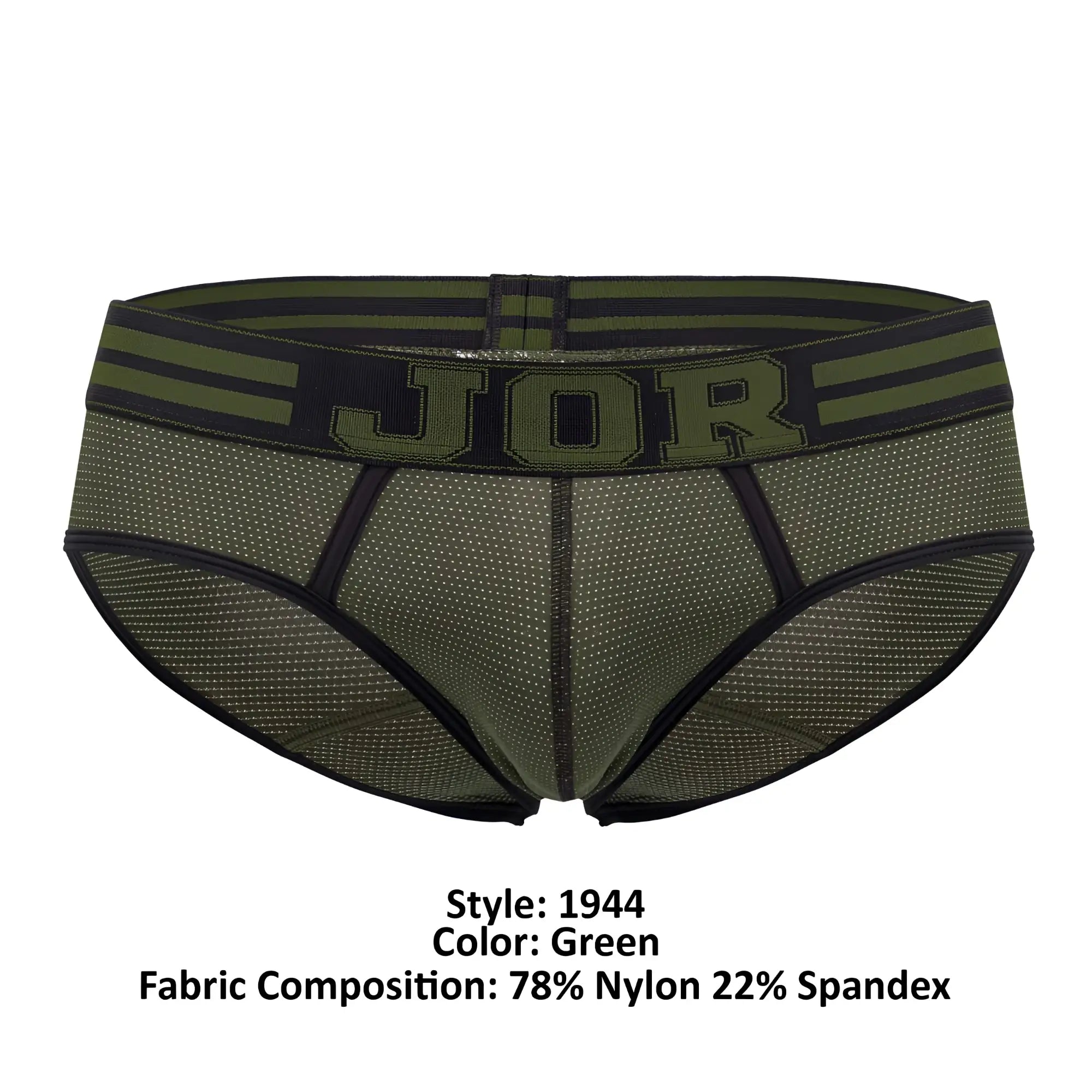 Olive green jor 1944 college briefs mesh fabric with black trim and bold jor logo waistband front view