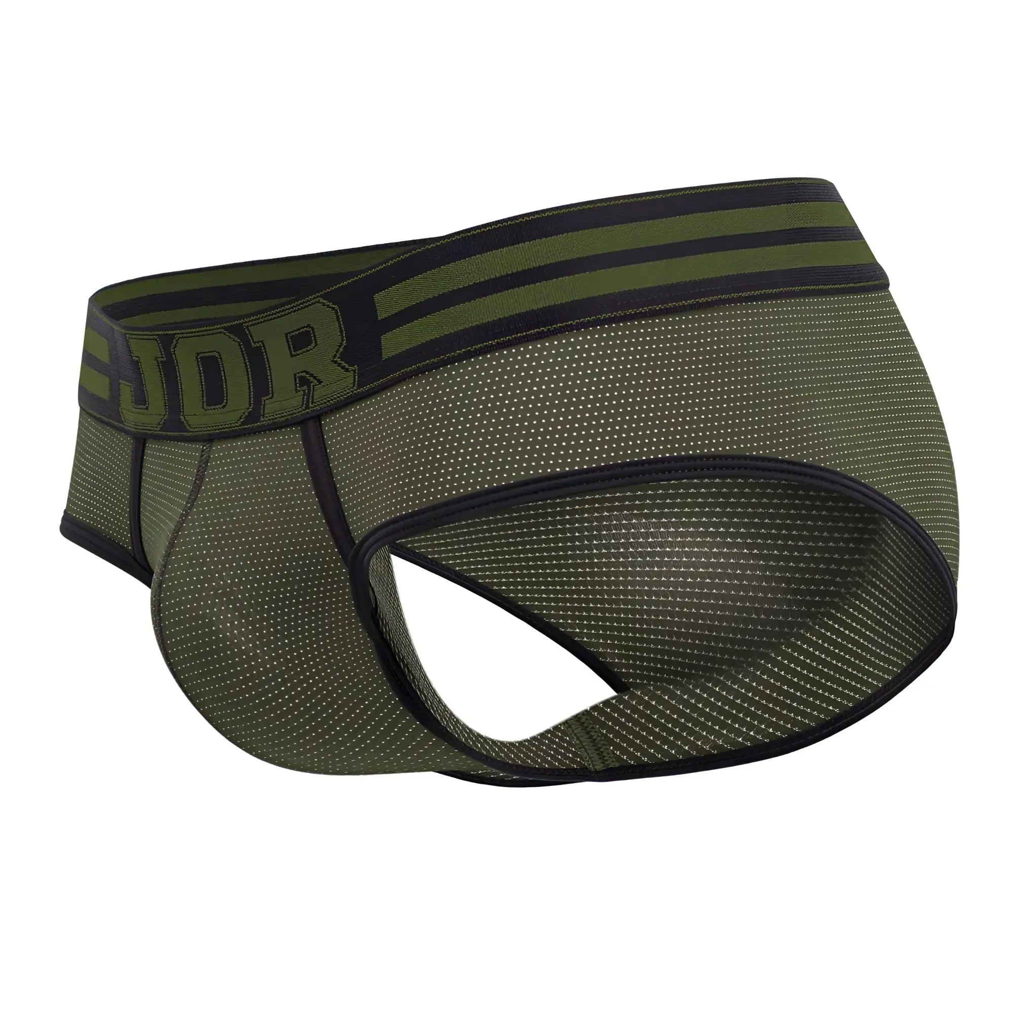 Olive green mesh JOR 1944 college briefs with black trim and bold udr logo on the waistband