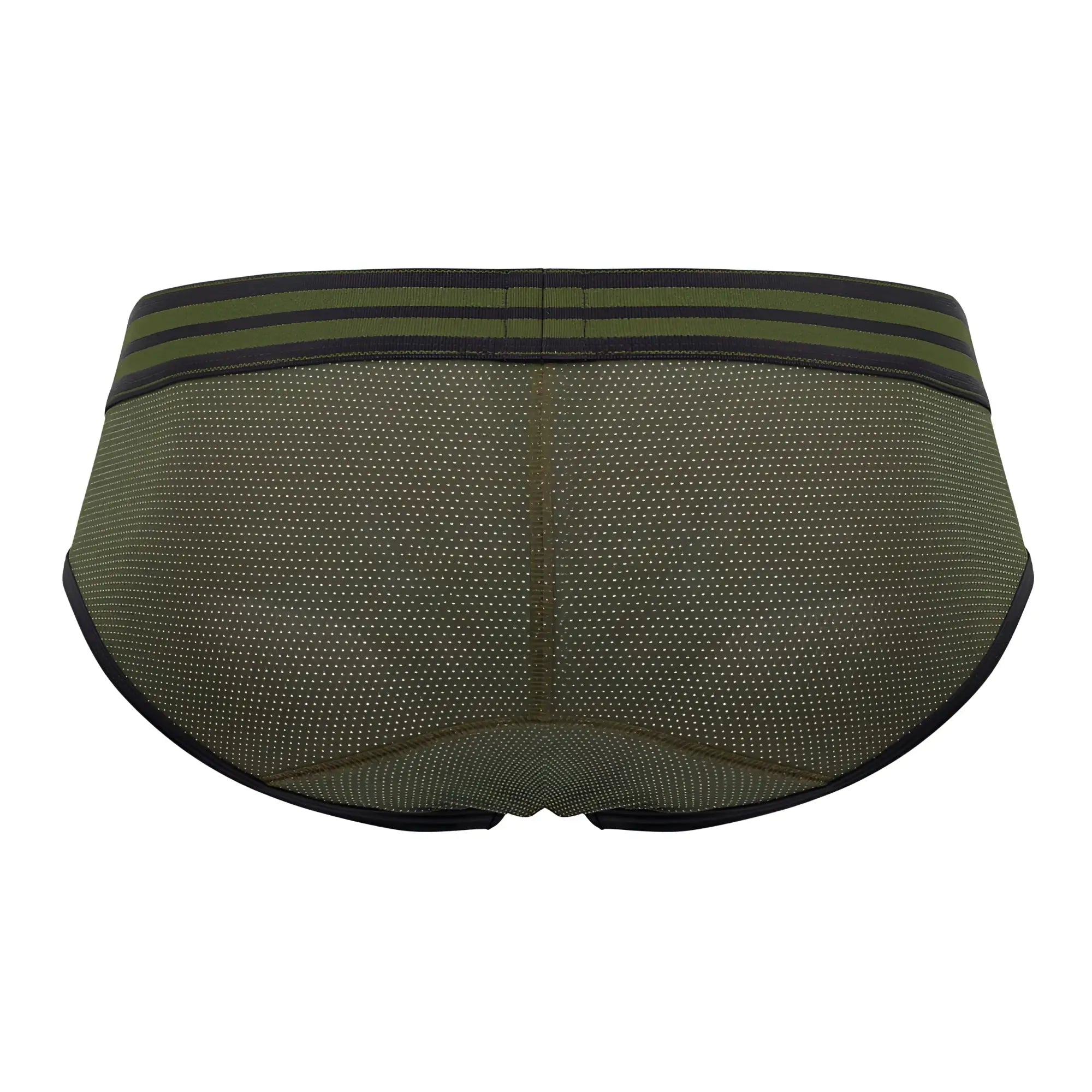 Olive green mesh jor 1944 college briefs with black trim and two horizontal stripes on the waistband