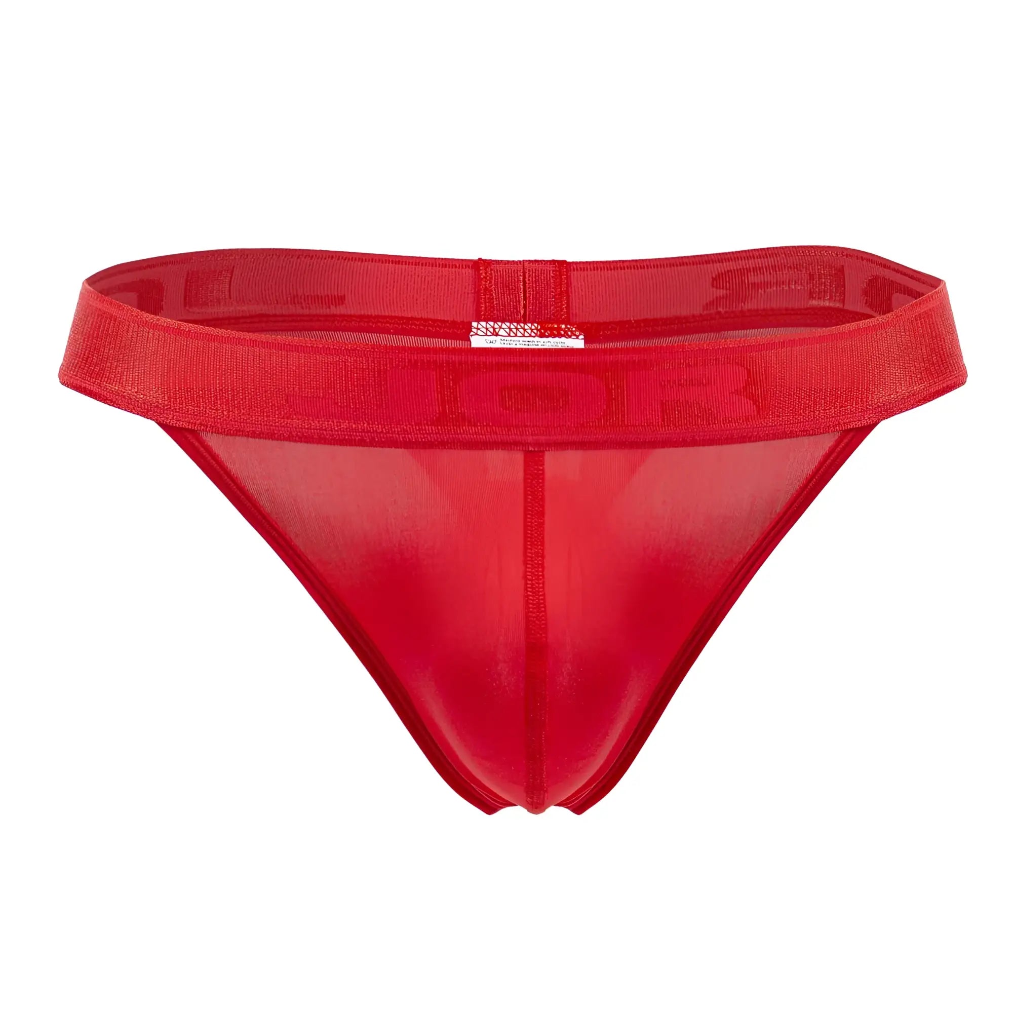 Red sheer mesh thong with solid red elastic waistband embossed with jor lettering showing front side view