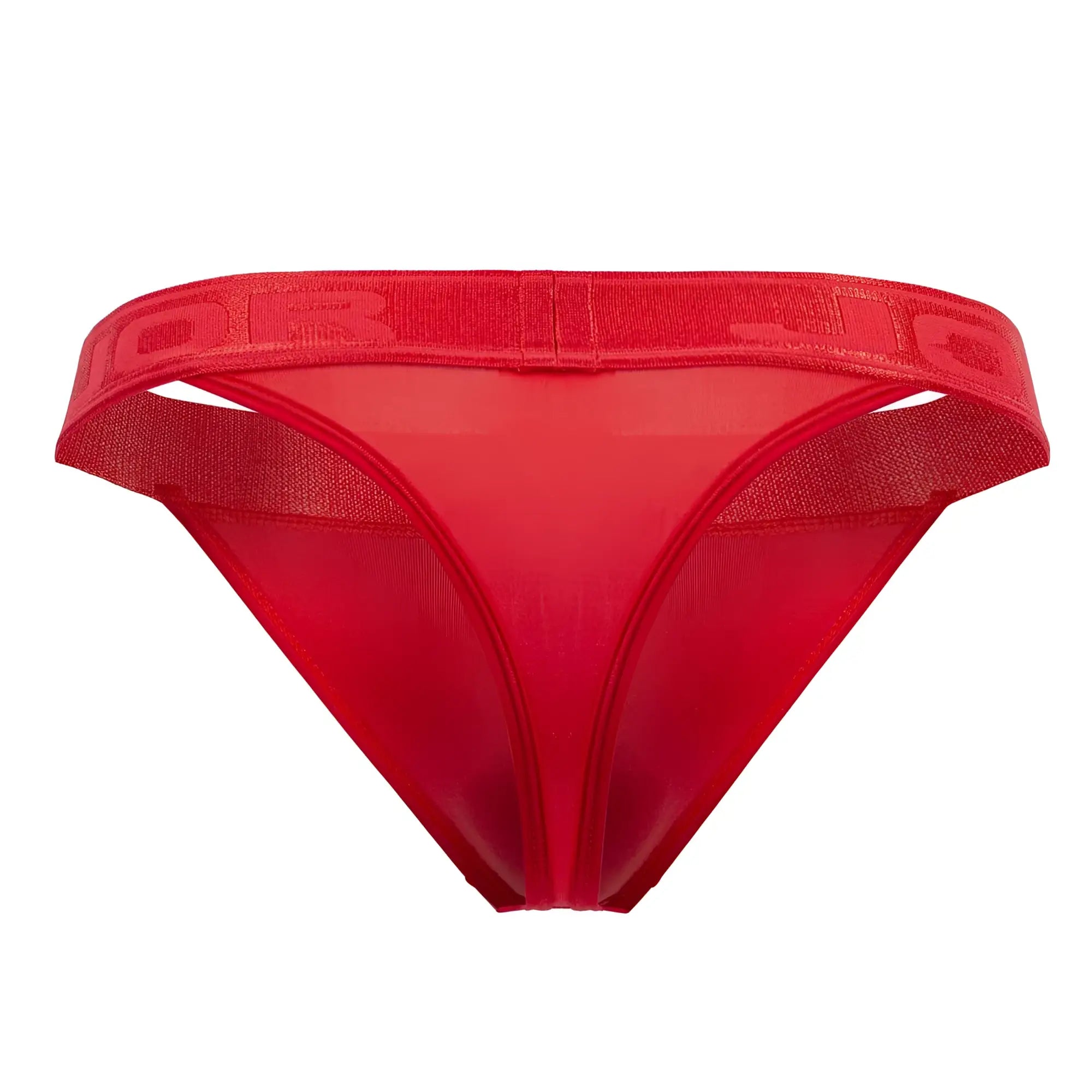 Red sheer mesh thong with wide elastic waistband featuring embossed jor branding in red color front view